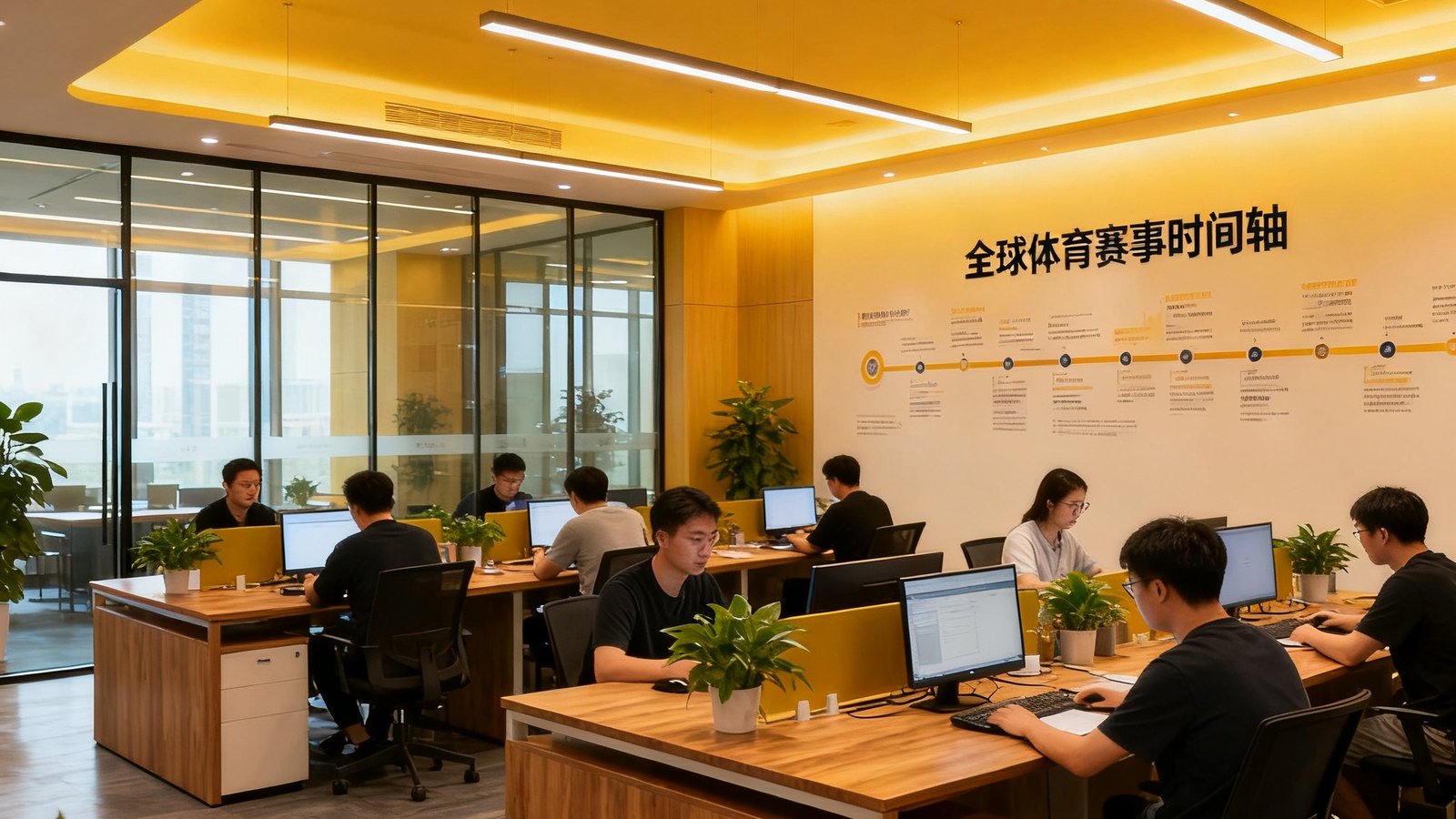 华体会HTH北京总部开放式办公区全景，现代化装修风格搭配暖色灯光，数十名员工在专注工作，墙面展示着全球体育赛事时间轴