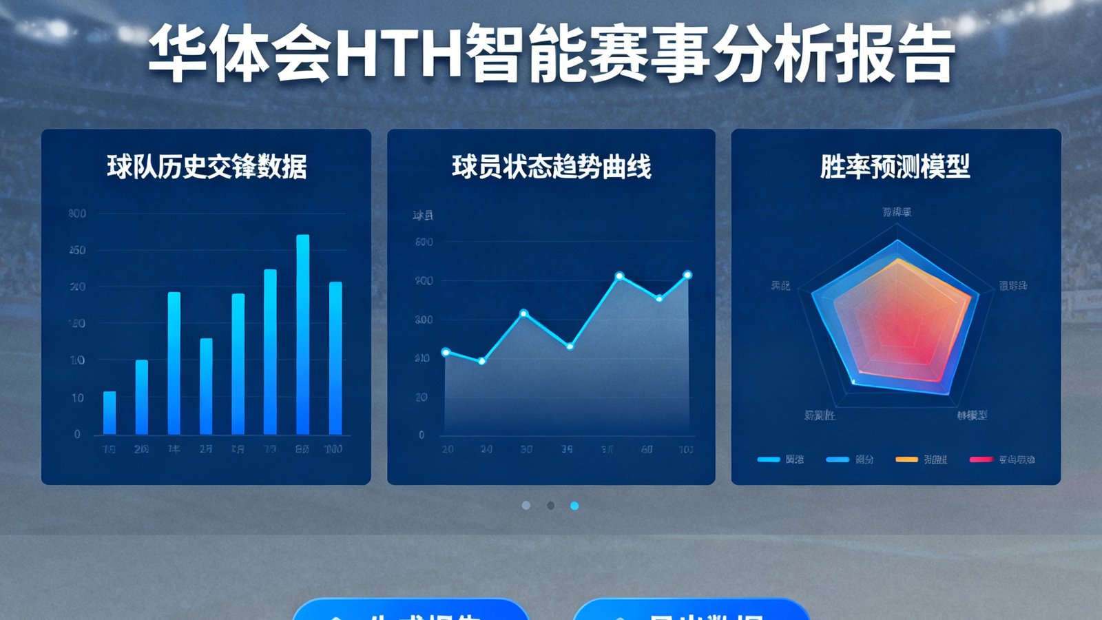 华体会HTH智能赛事分析报告生成界面，图表展示球队历史交锋数据、球员状态趋势曲线和胜率预测模型