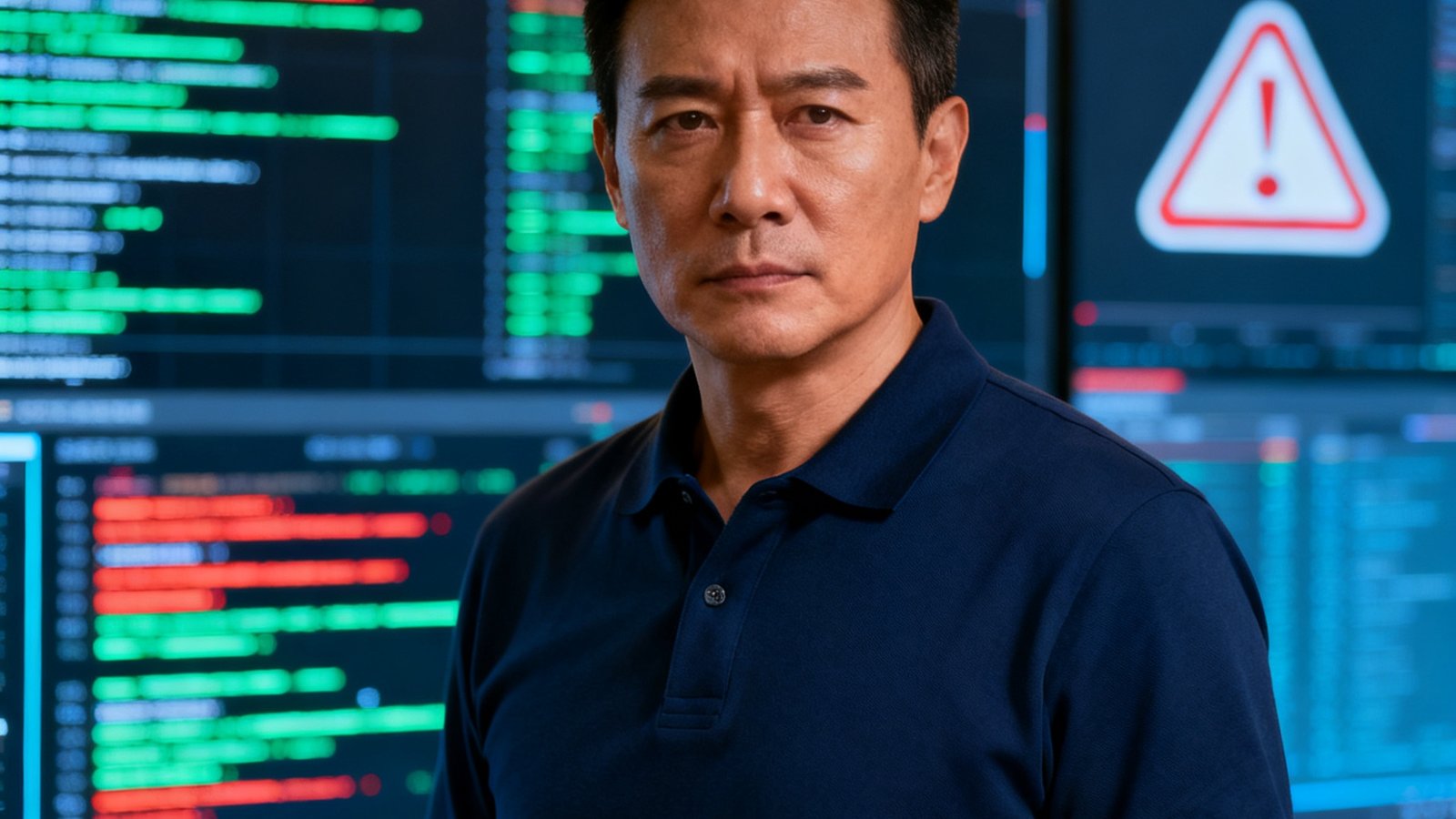 华体会HTH首席安全官王峻峰，42岁男性，方脸坚毅，穿着深蓝色polo衫，站在网络安全监控屏幕前
