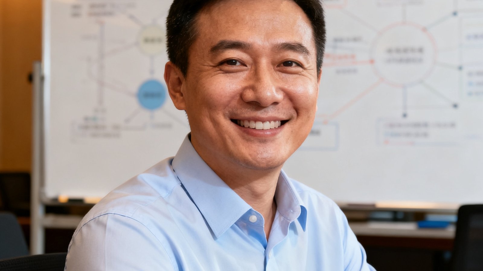 华体会HTH运营总监赵一鸣，38岁男性，面带微笑，穿着浅蓝色商务衬衫，坐在会议室中，背景为白板上的运营策略图